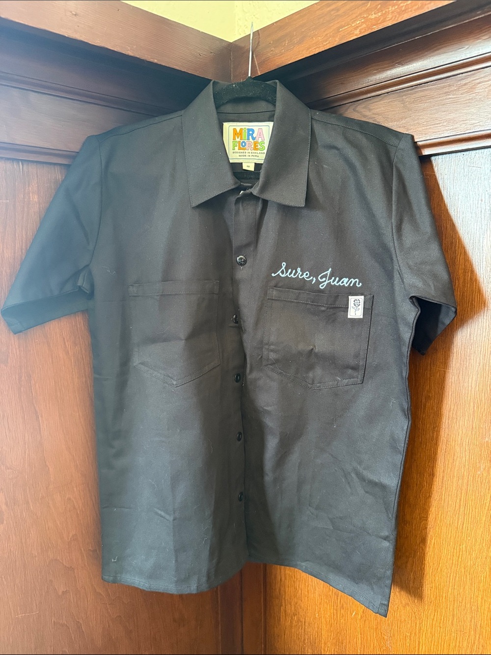 Black Short-Sleeve Button-Down Work Shirt with 'Sure, Juan' Custom Embroidery